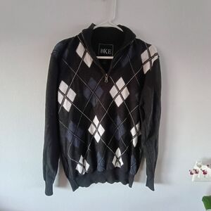 BKE Argyle Sweater Large Black Quarter Zip Cotton Preppy Golf Pullover